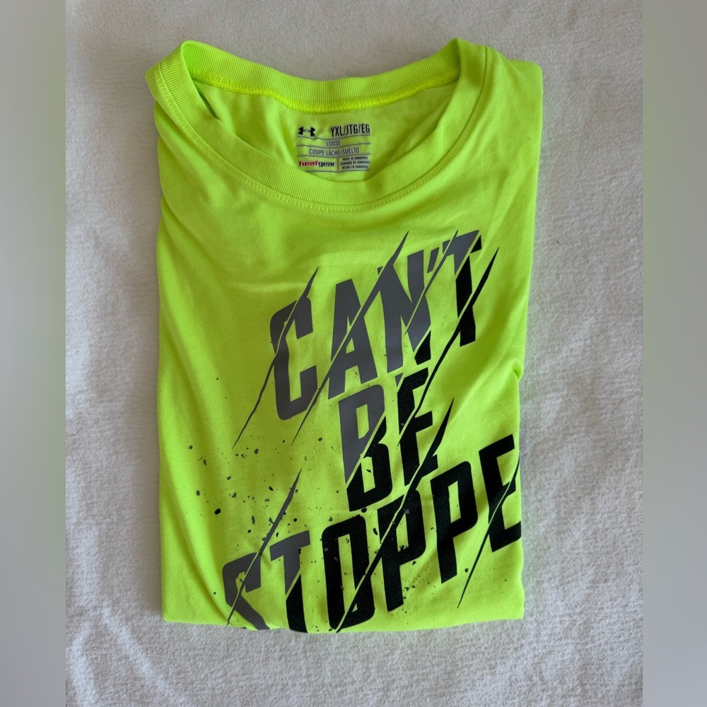 EUC Under Armour Bright Yellow Tee with Bold Black Text Youth XL